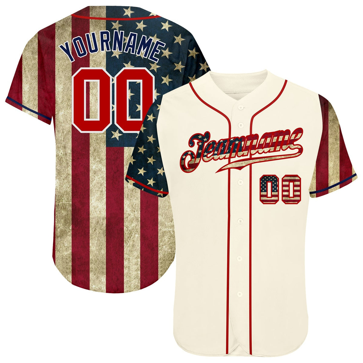 Custom Baseball Jersey - Cream Red-Navy 3D American Flag