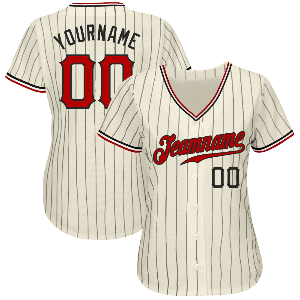 Custom Baseball Jersey - Cream Black Pinstripe Red Black-White