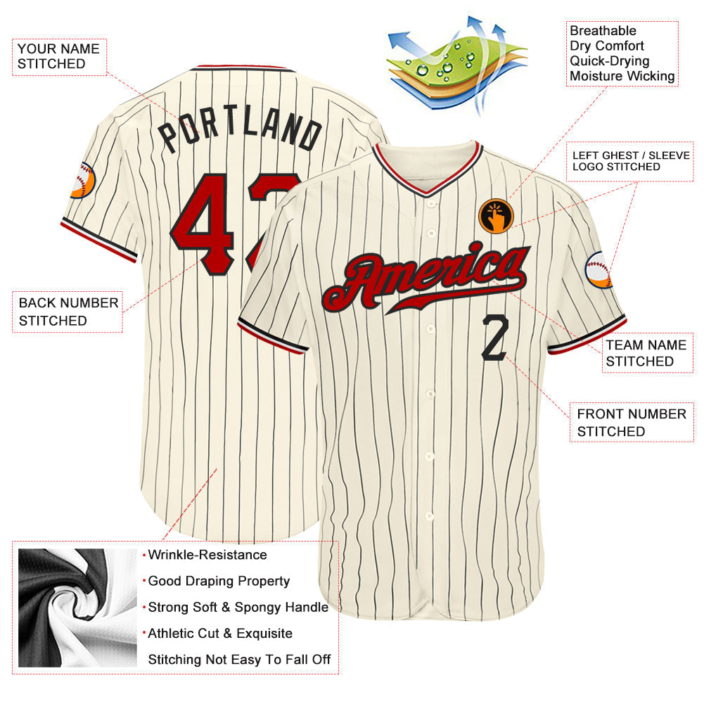 Custom Baseball Jersey - Cream Black Pinstripe Red Black-White