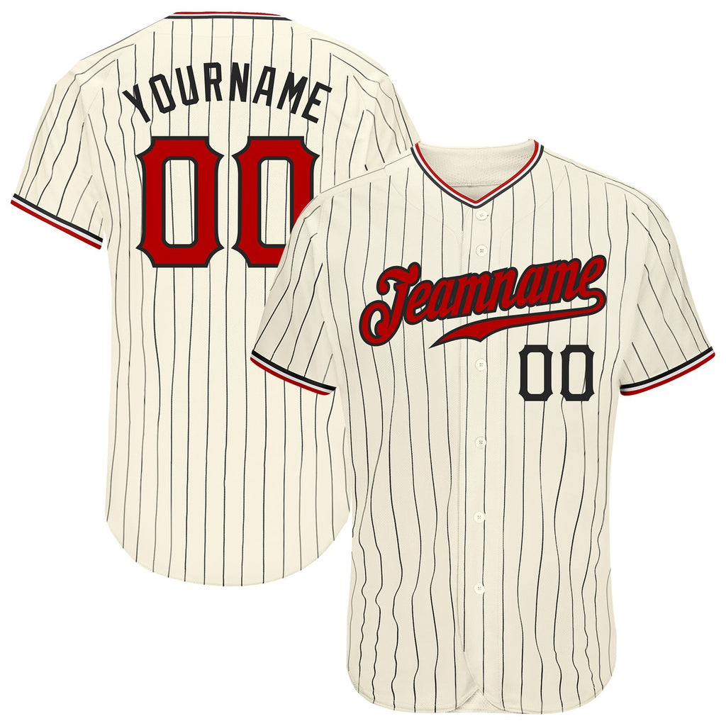 Custom Baseball Jersey - Cream Black Pinstripe Red Black-White