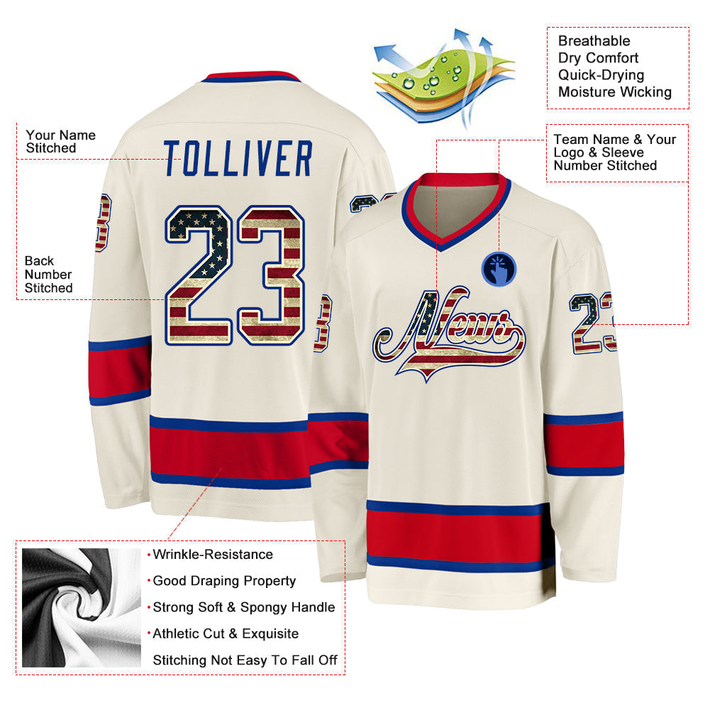 Custom Hockey Jersey - Cream Vintage USA Flag Royal-Red