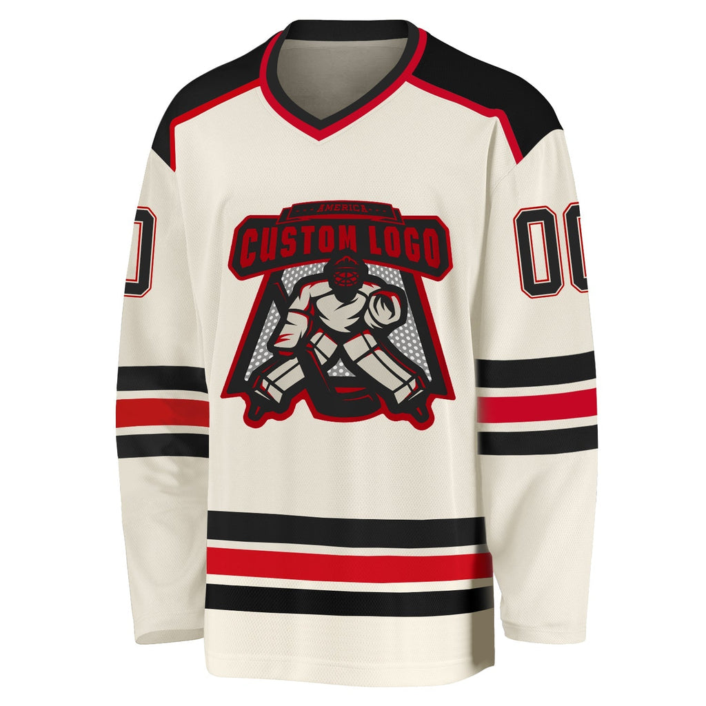Custom Hockey Jersey - Cream Black-Red - Style Cream0296