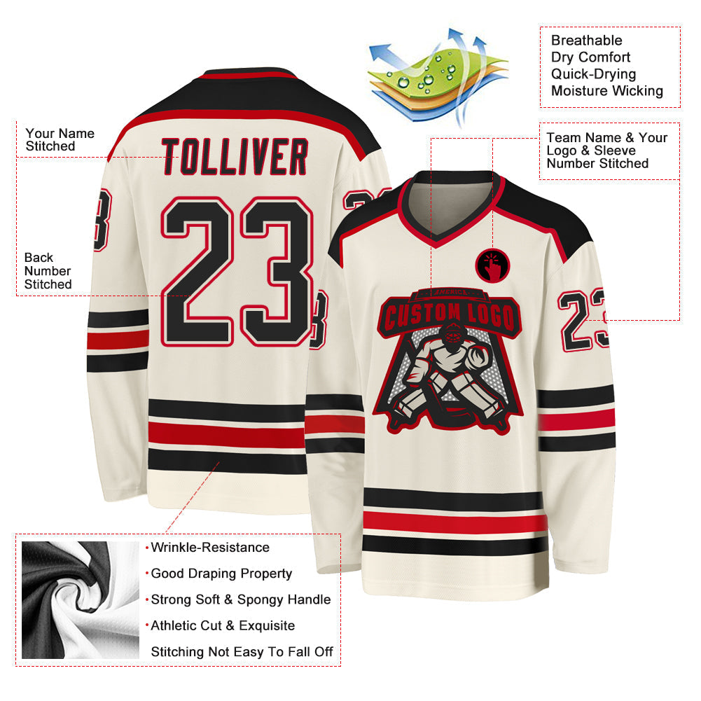 Custom Hockey Jersey - Cream Black-Red - Style Cream0296