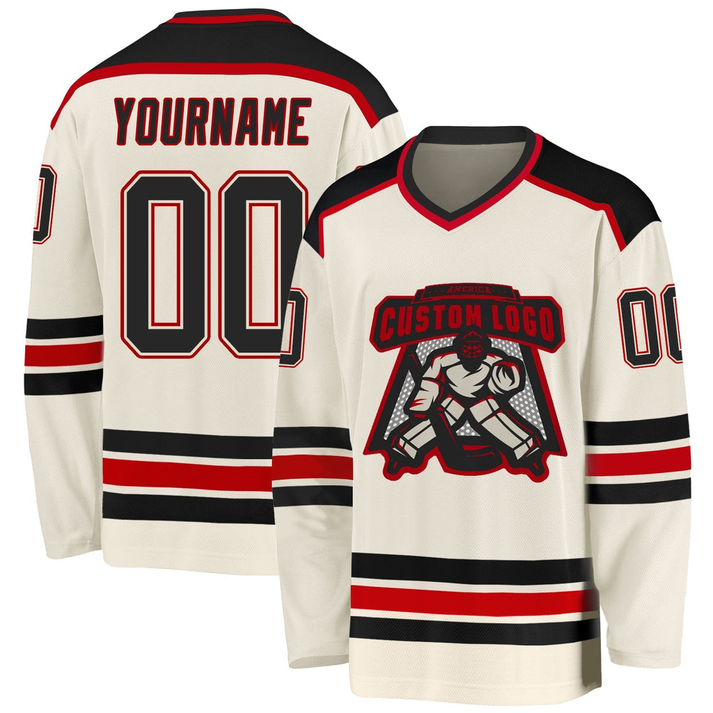 Custom Hockey Jersey - Cream Black-Red - Style Cream0296