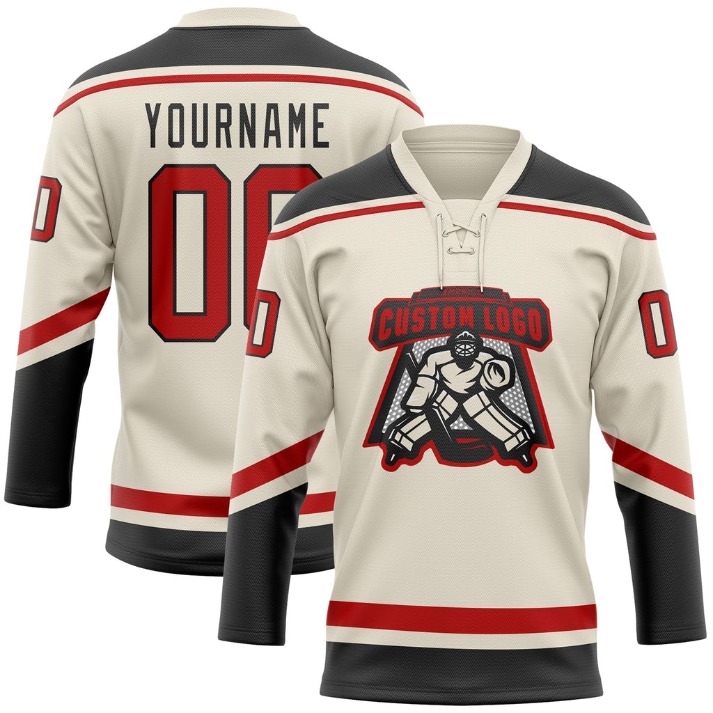 Custom Hockey Jersey - Cream Red-Black Lace Neck