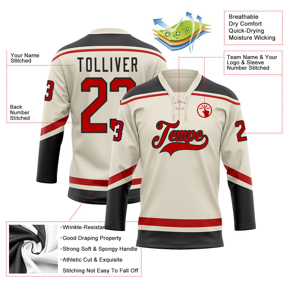 Custom Hockey Jersey - Cream Red-Black Lace Neck