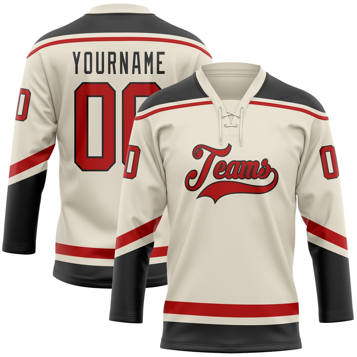 Custom Hockey Jersey - Cream Red-Black Lace Neck