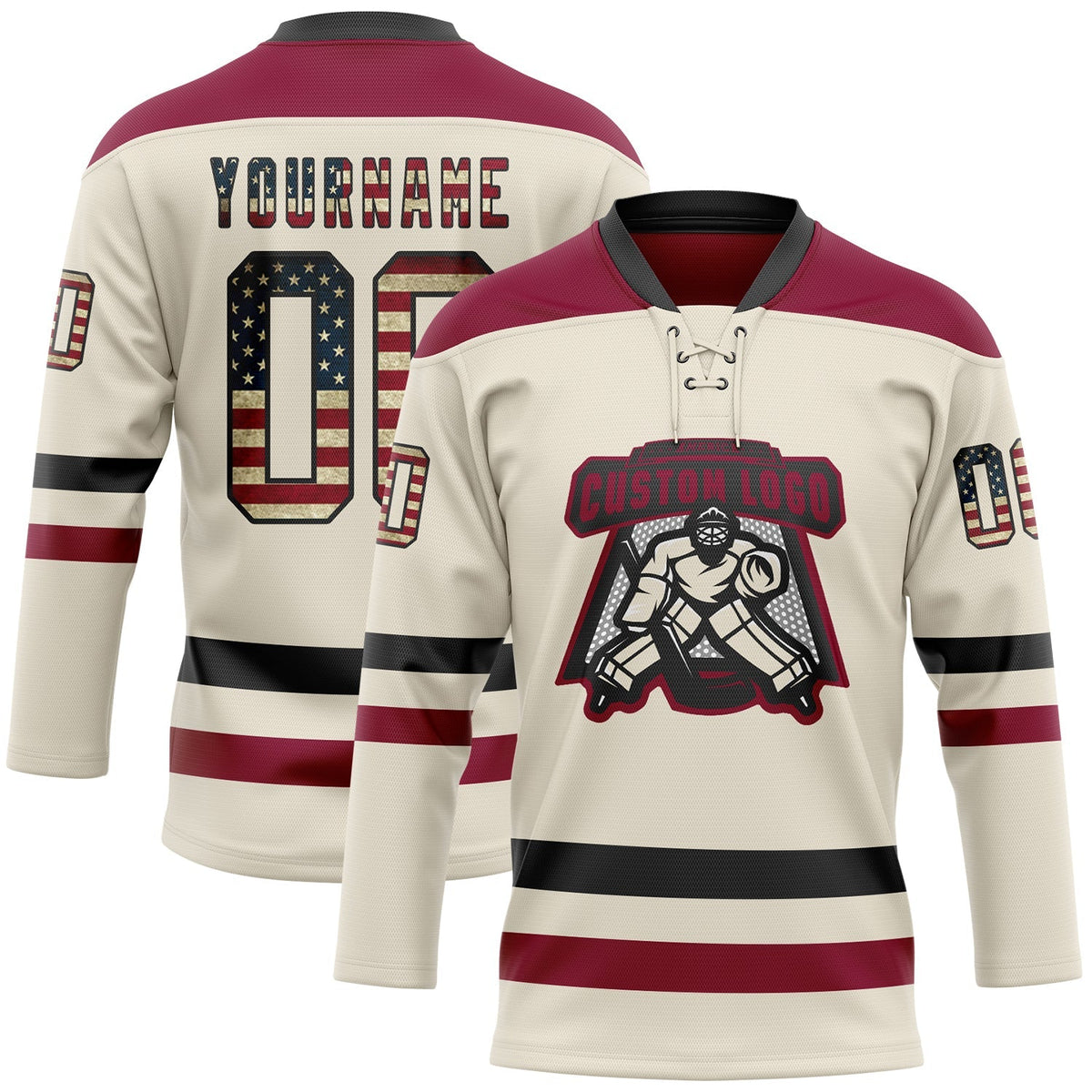 Custom Hockey Jersey - Cream Vintage USA Flag Black-Maroon Lace Neck