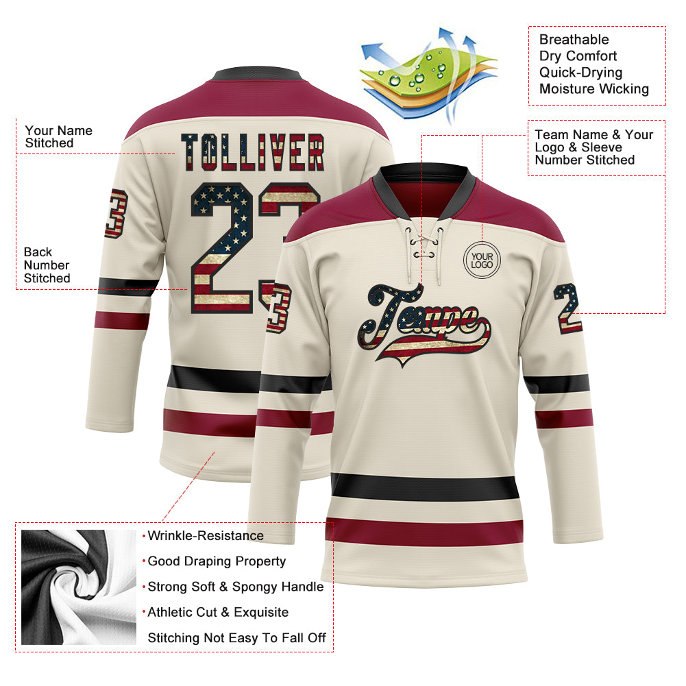 Custom Hockey Jersey - Cream Vintage USA Flag Black-Maroon Lace Neck