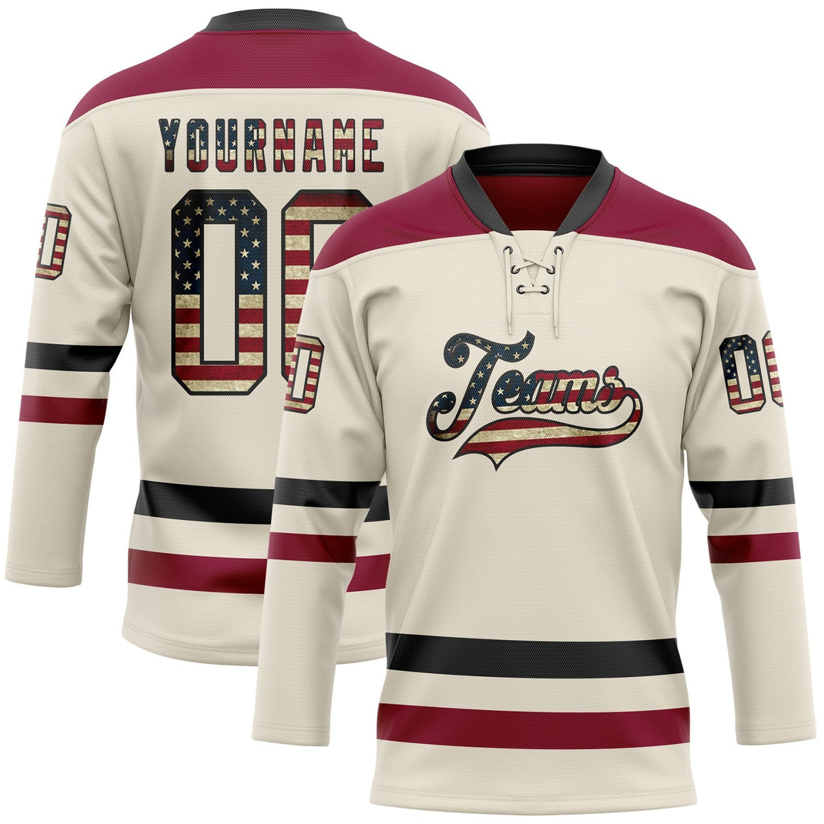 Custom Hockey Jersey - Cream Vintage USA Flag Black-Maroon Lace Neck