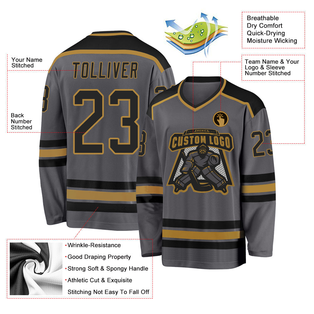 Custom Hockey Jersey - Steel Gray Black-Old Gold - Style DarkGray0001