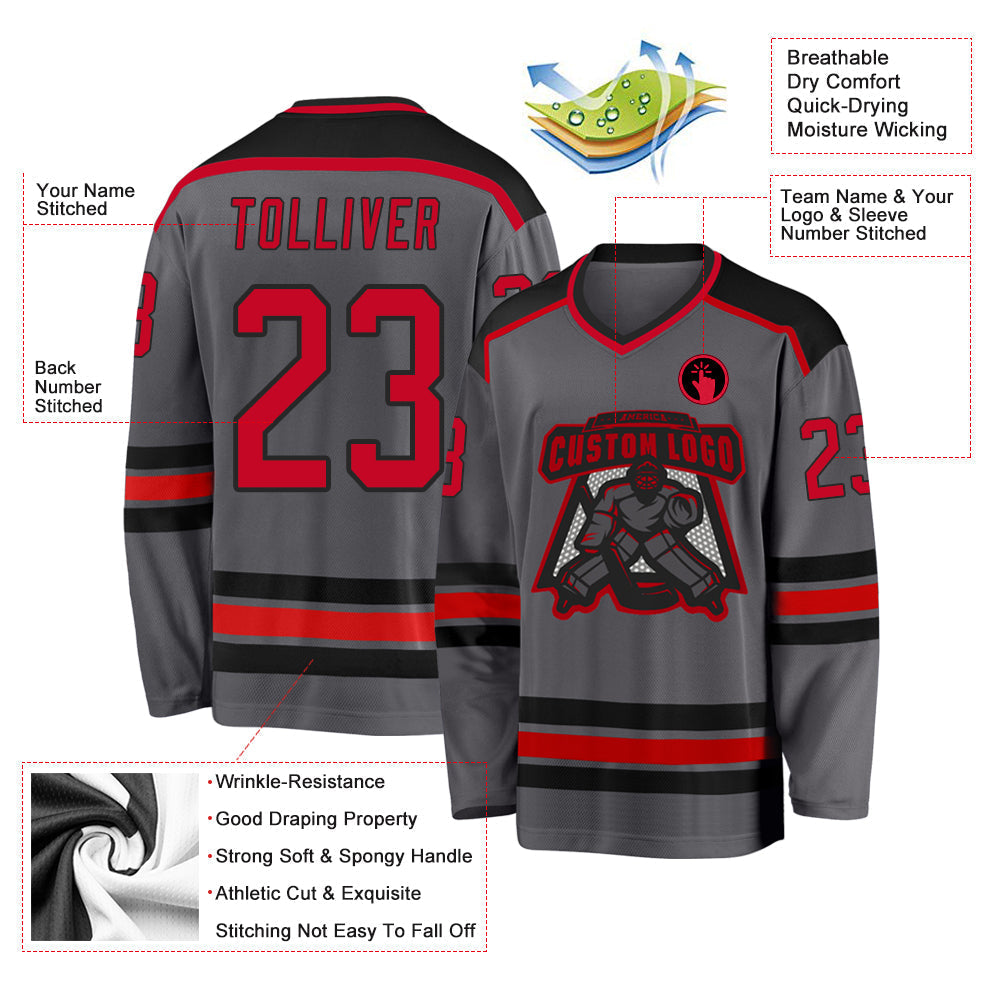 Custom Hockey Jersey - Steel Gray Red-Black