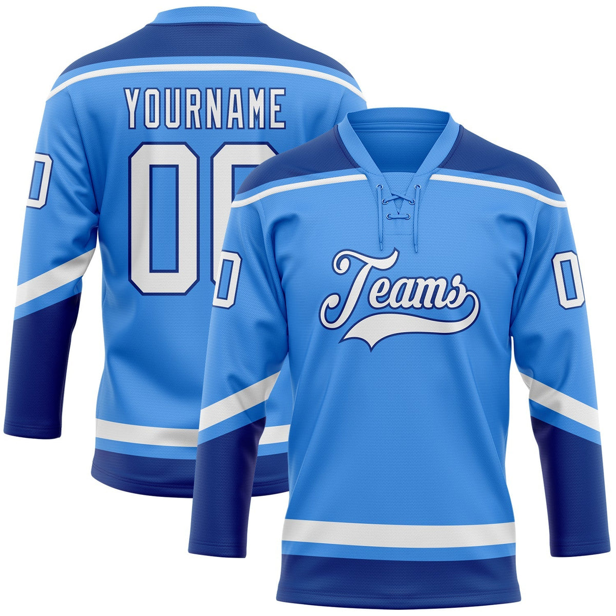 Custom Hockey Jersey - Powder Blue White-Royal Lace Neck