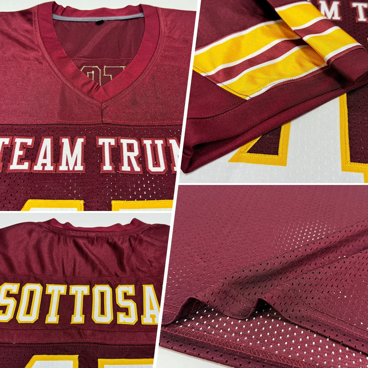 Custom Football Jersey - Burgundy White-Gold Mesh