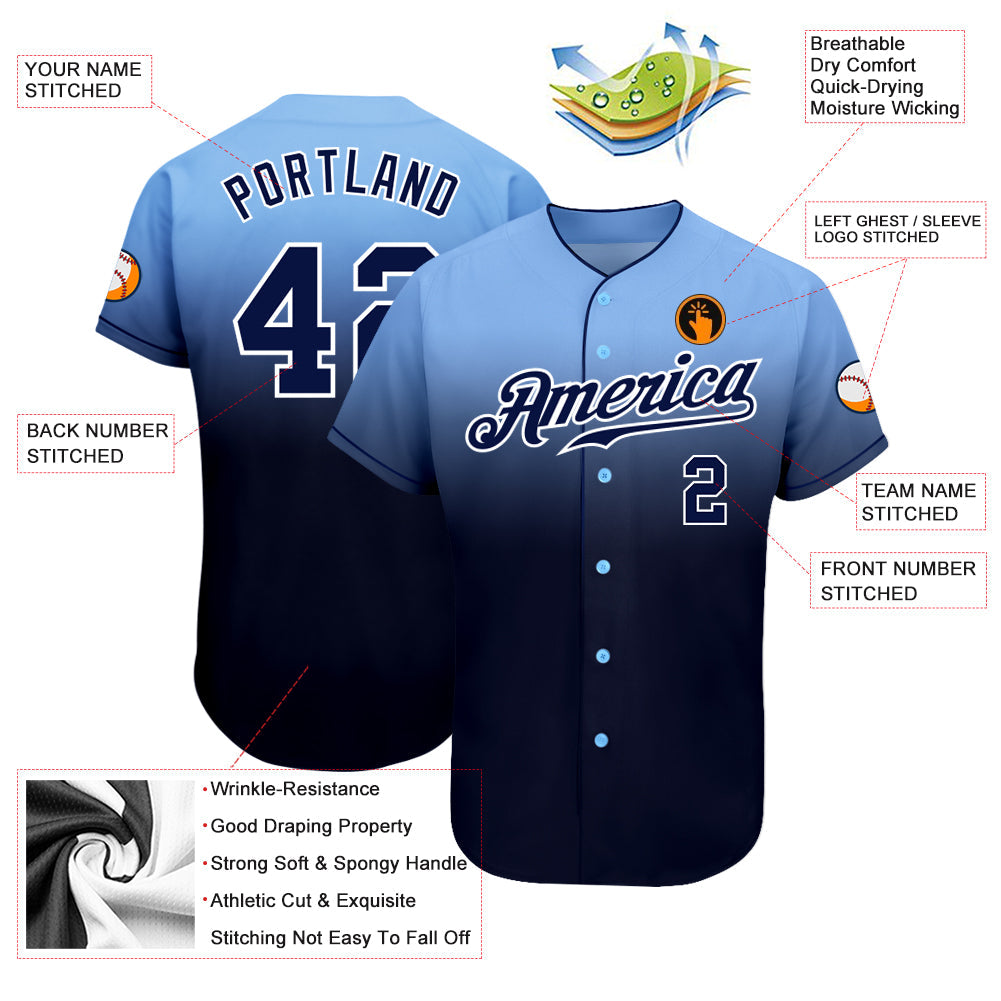 Custom Baseball Jersey - Light Blue Navy-White Fade Fashion