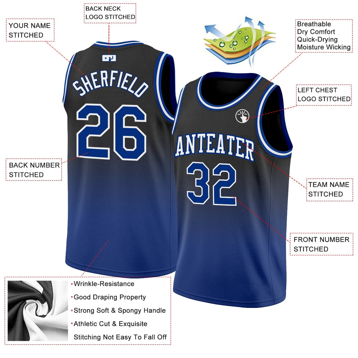Custom Basketball Jersey - Black Royal-White Fade Fashion