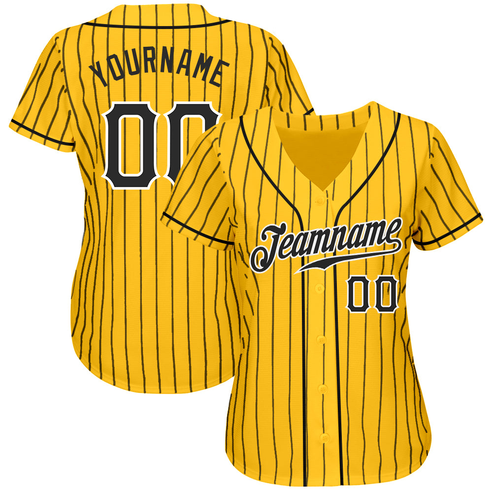 Custom Baseball Jersey - Yellow Black Pinstripe Black-White