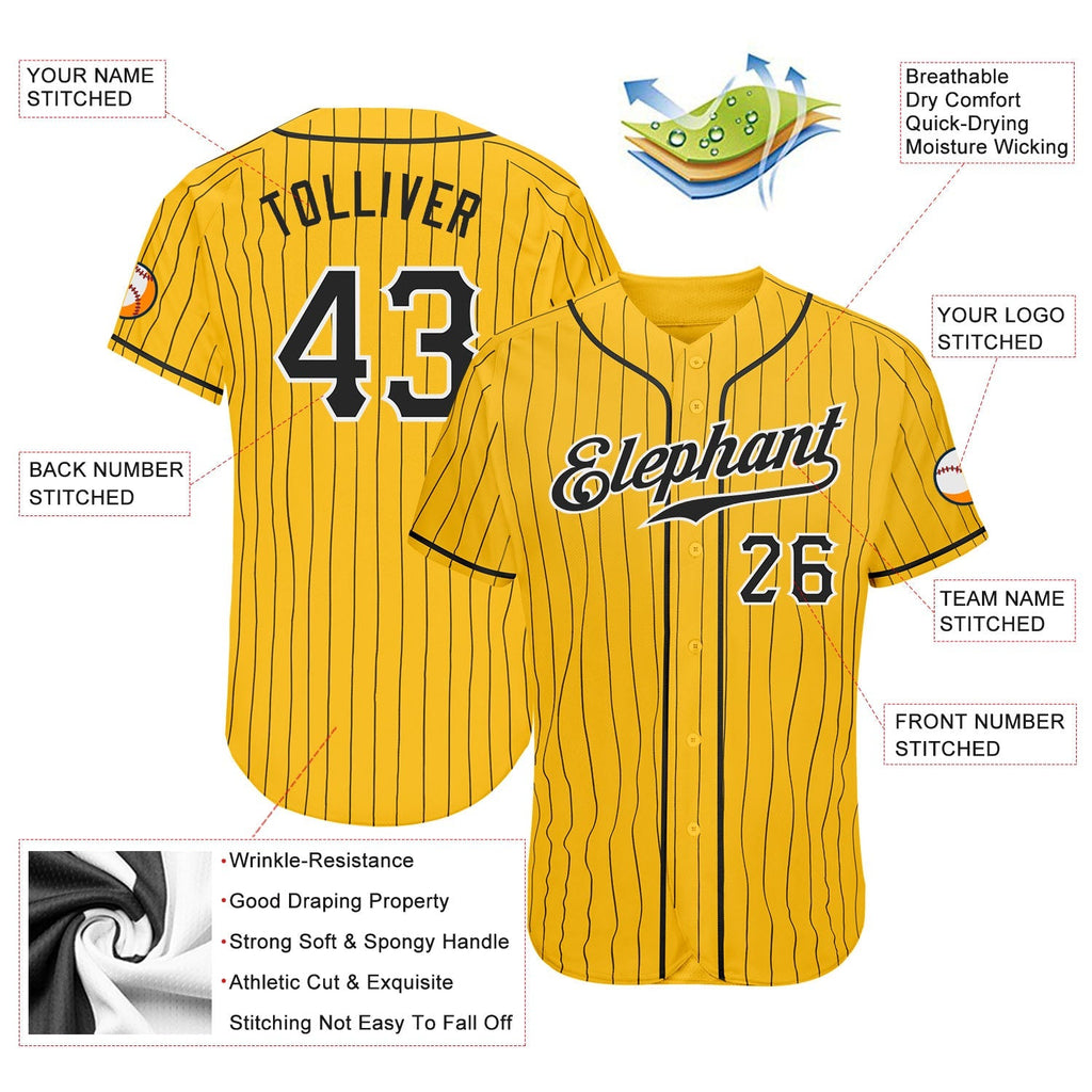 Custom Baseball Jersey - Yellow Black Pinstripe Black-White