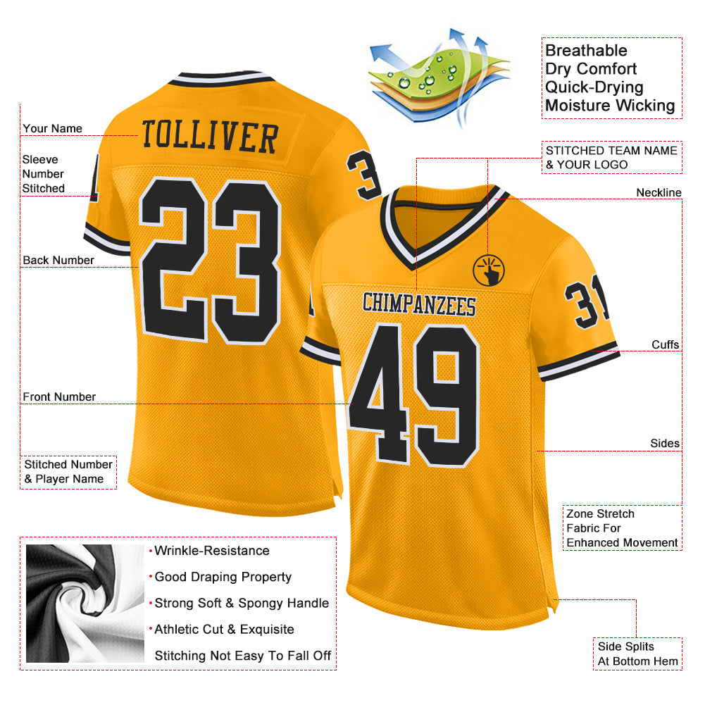 Custom Football Jersey - Gold Black-White Mesh Throwback