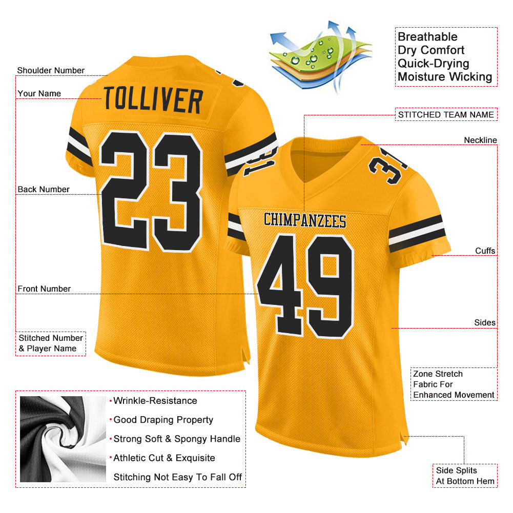 Custom Football Jersey - Gold Black-White Mesh