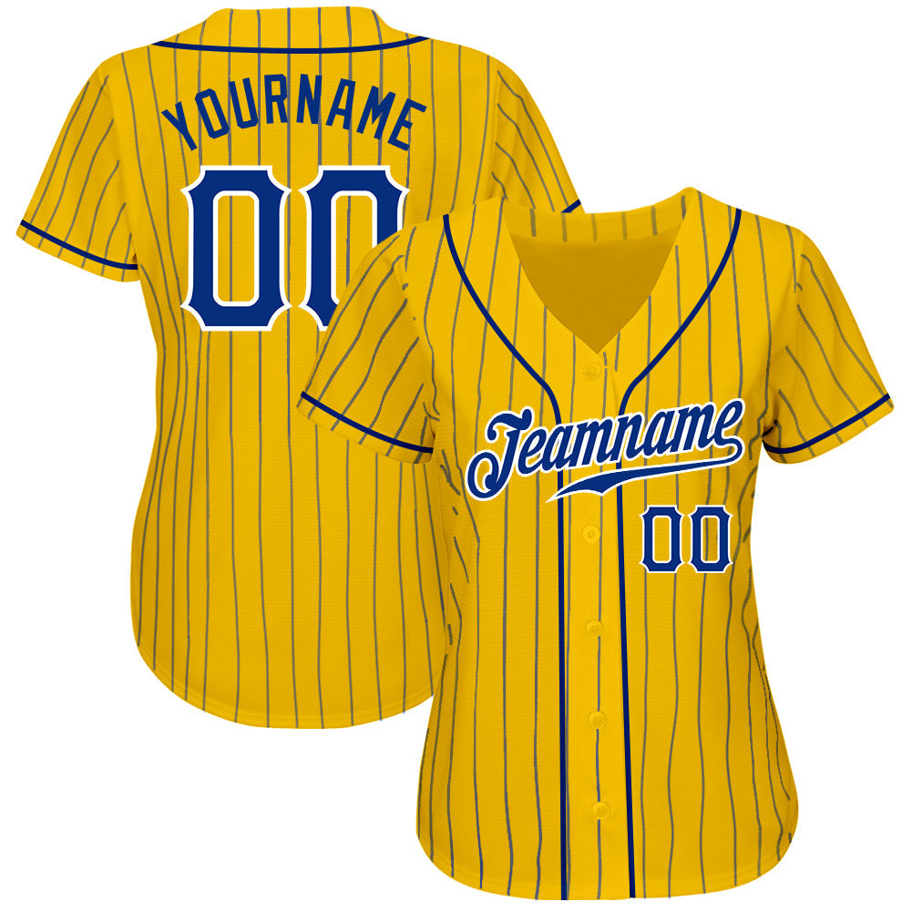 Custom Baseball Jersey - Yellow Royal Pinstripe Royal-White