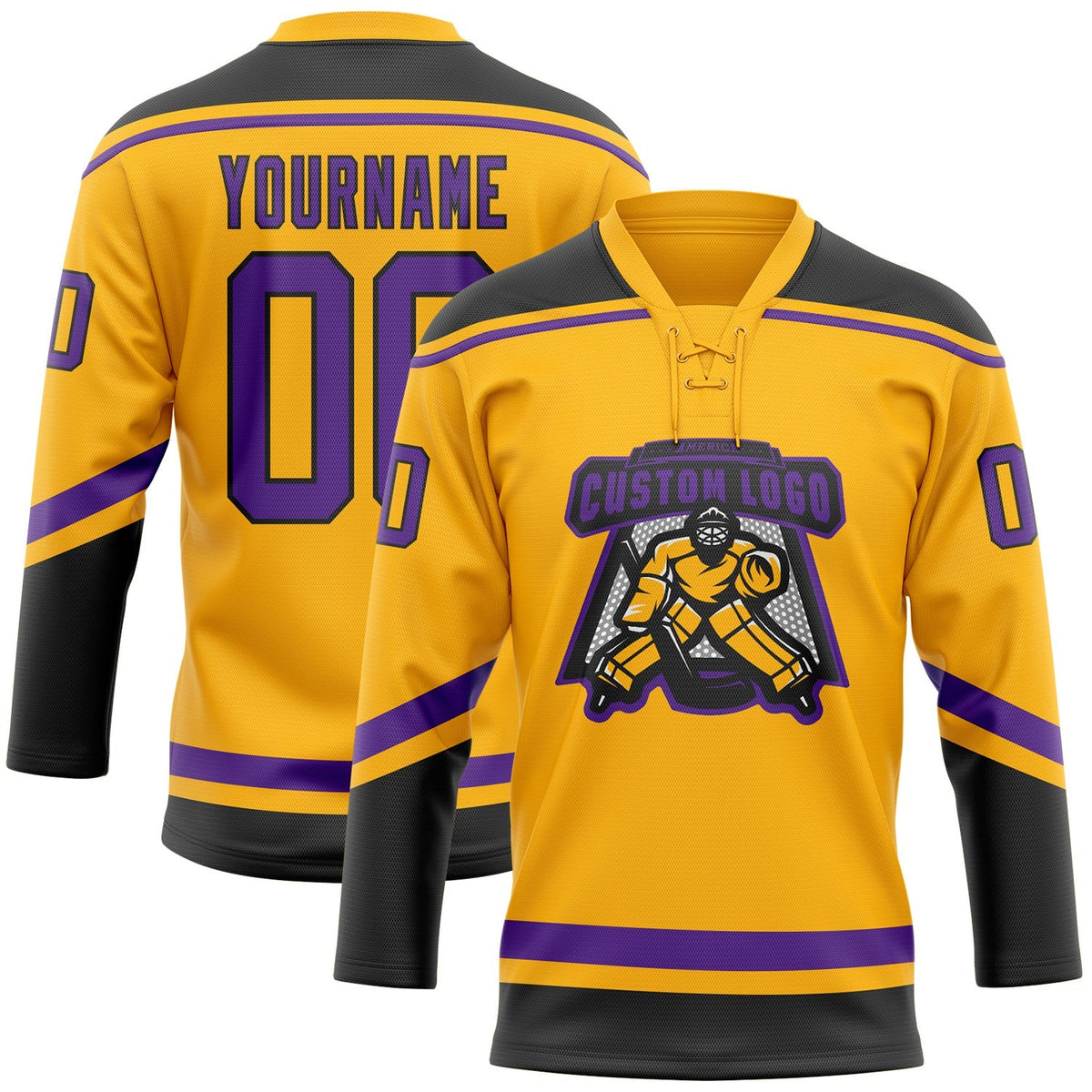 Custom Hockey Jersey - Gold Purple-Black Lace Neck