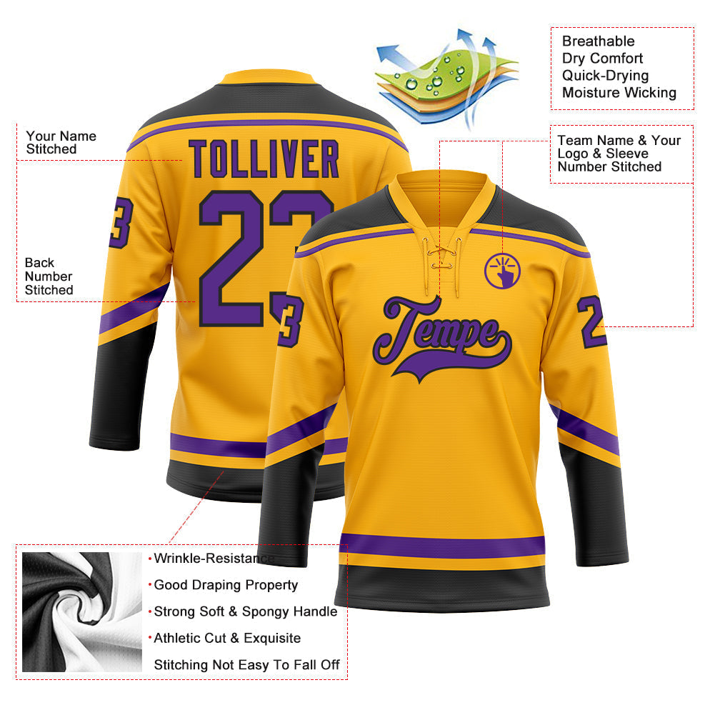 Custom Hockey Jersey - Gold Purple-Black Lace Neck