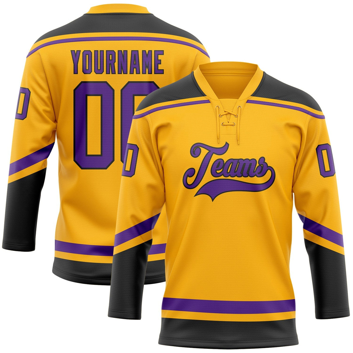 Custom Hockey Jersey - Gold Purple-Black Lace Neck