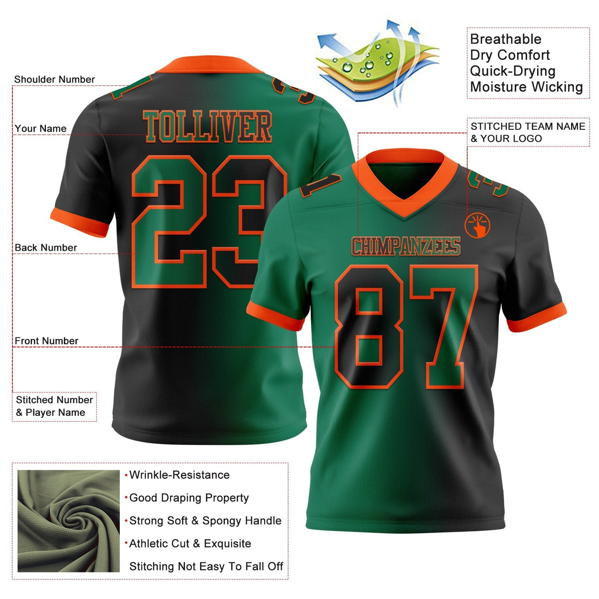 Custom Football Jersey - Black Kelly Green-Orange Gradient Fashion