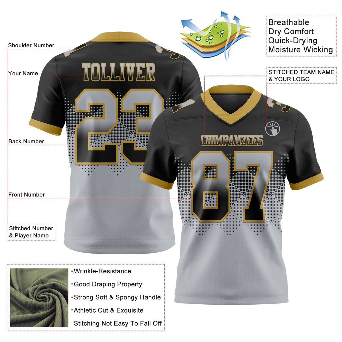 Custom Football Jersey - Black Gray-Old Gold Gradient Square Shape 7V7 Flag
