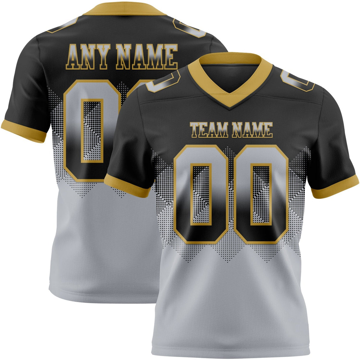 Custom Football Jersey - Black Gray-Old Gold Gradient Square Shape 7V7 Flag