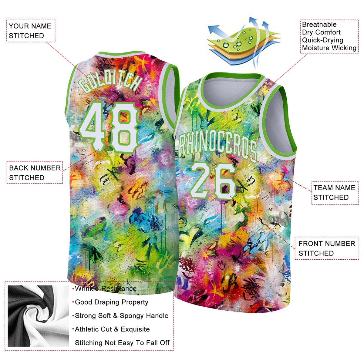 Custom Basketball Jersey - Scratch Graffiti Pattern White-Neon Green 3D