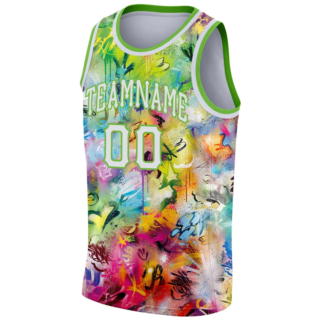 Custom Basketball Jersey - Scratch Graffiti Pattern White-Neon Green 3D