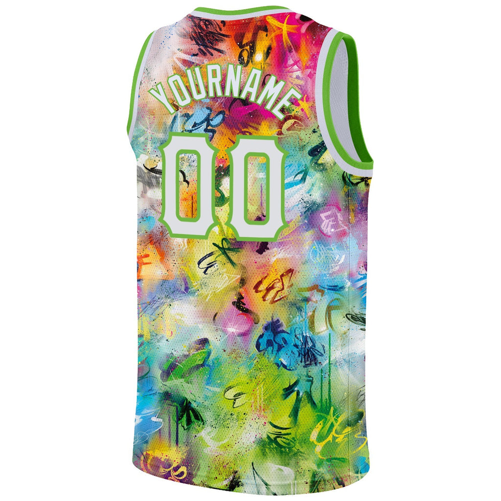 Custom Basketball Jersey - Scratch Graffiti Pattern White-Neon Green 3D
