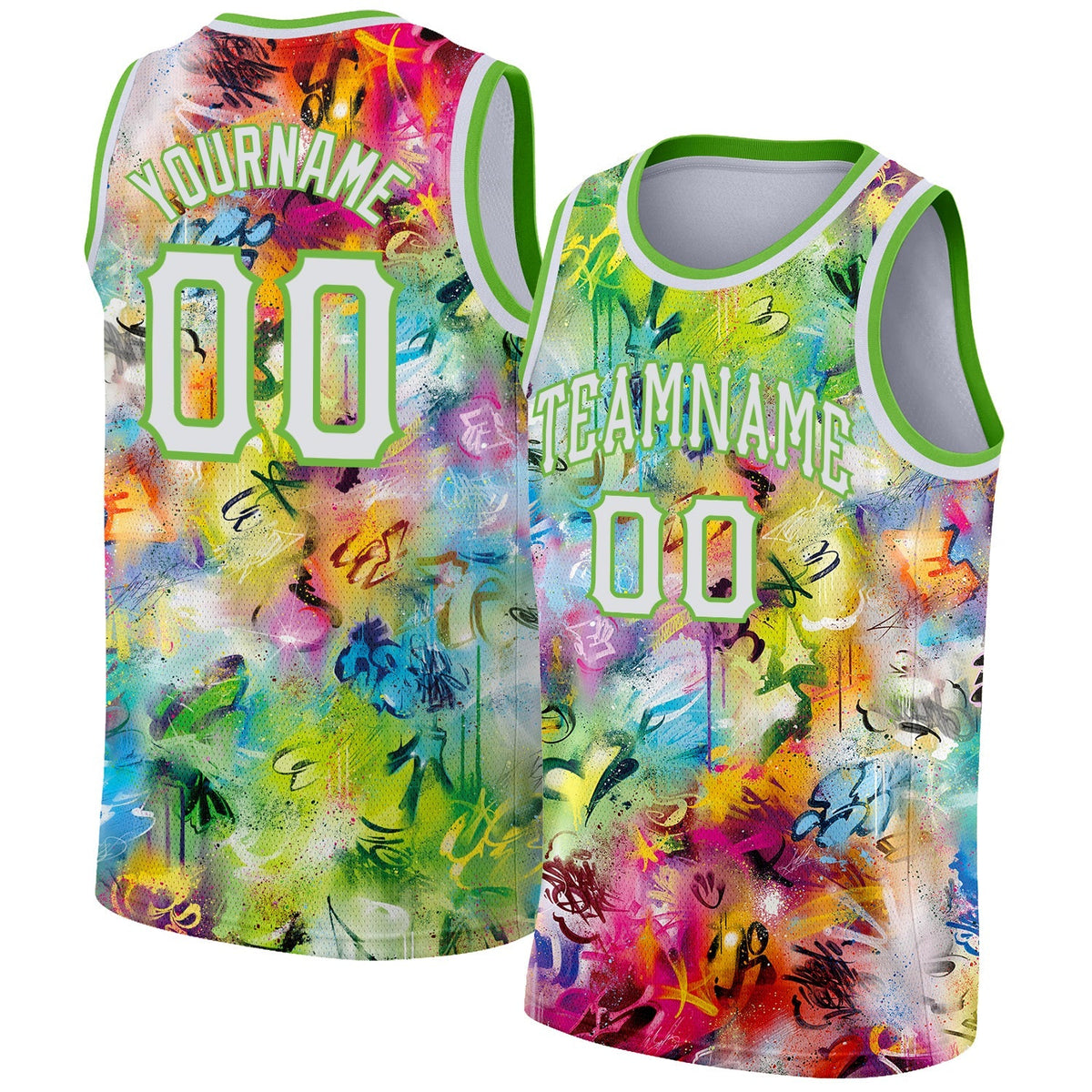 Custom Basketball Jersey - Scratch Graffiti Pattern White-Neon Green 3D