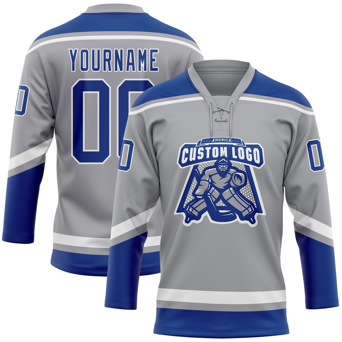 Custom Hockey Jersey - Gray Royal-White Lace Neck