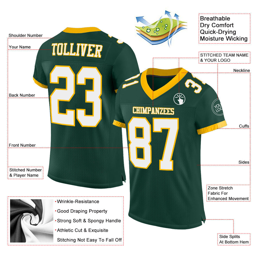 Custom Football Jersey - Green White-Gold Mesh - Style Green0223