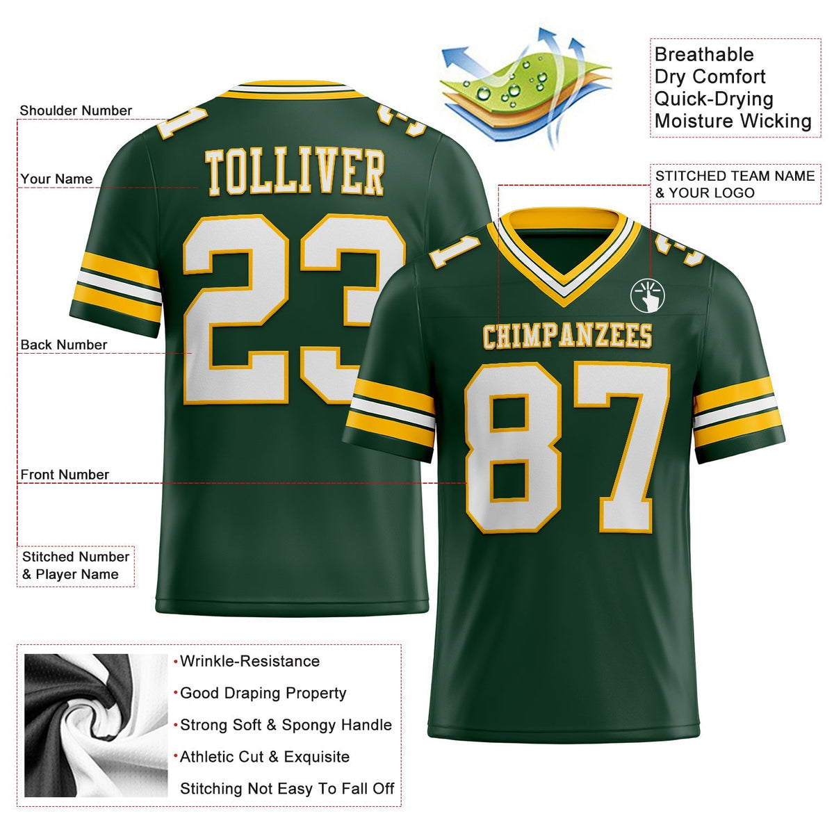 Custom Football Jersey - Green White-Gold