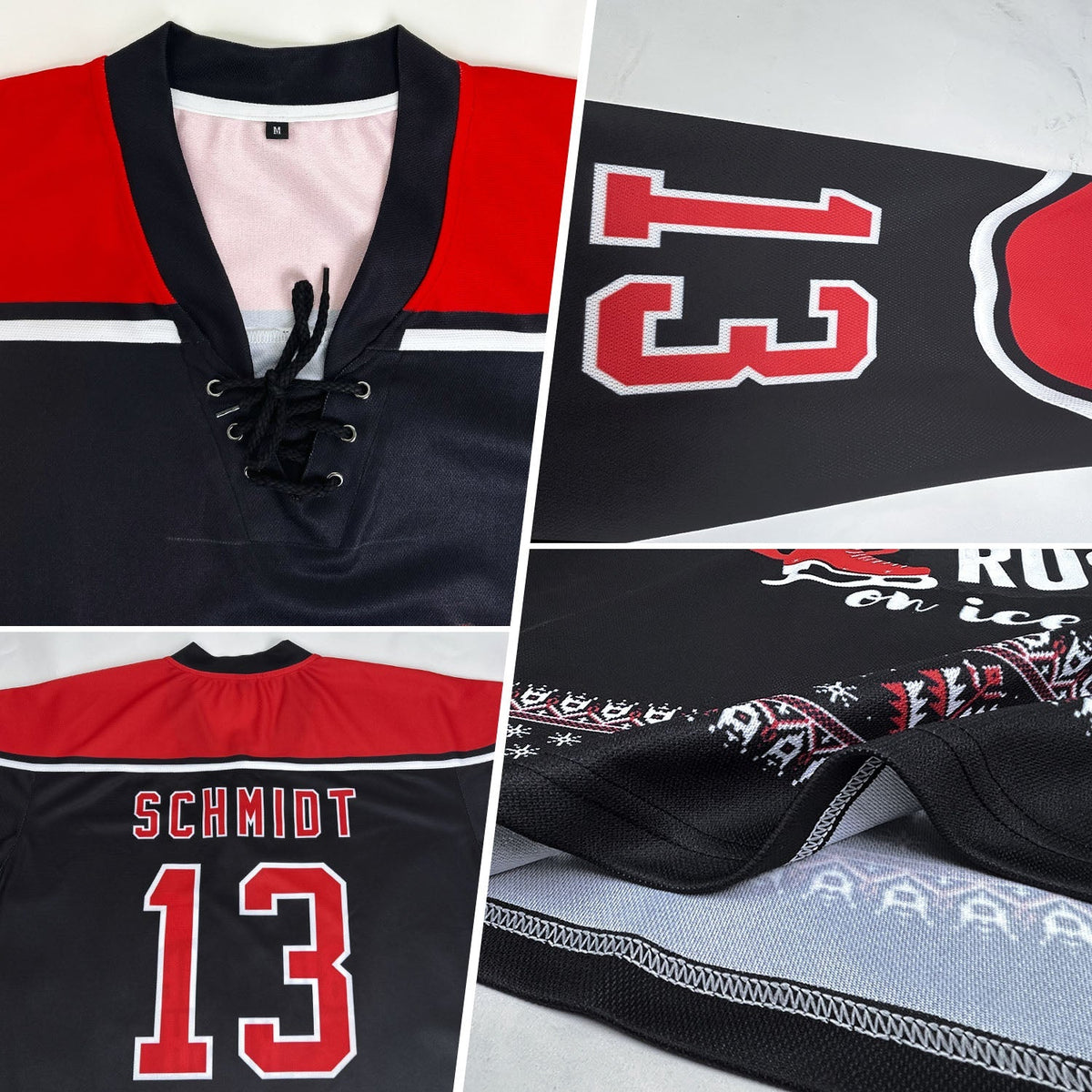 Custom Hockey Jersey - Black Red-White Christmas Santa Claus 3D Lace Neck - Style 3DPattern1832