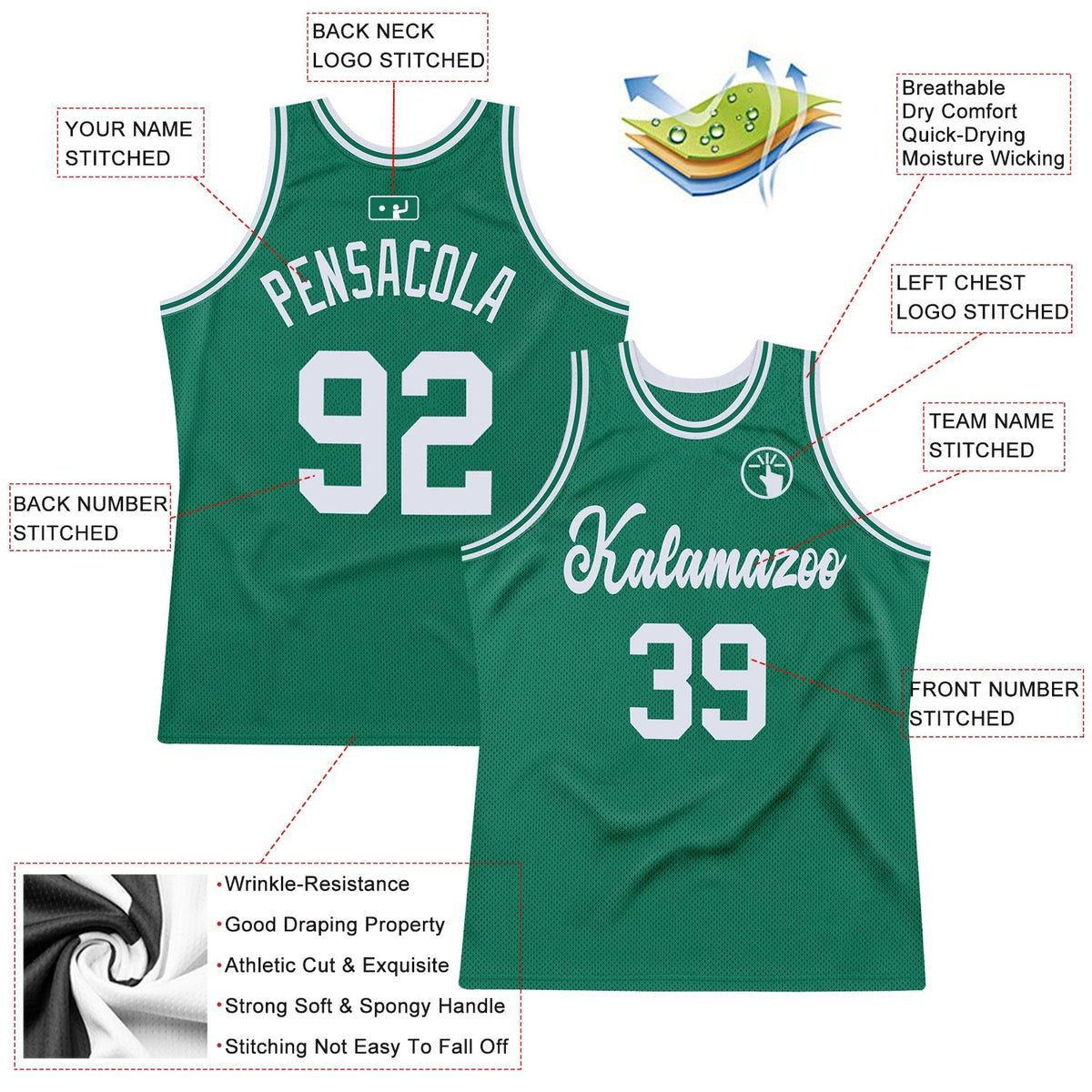 Custom Basketball Jersey - Kelly Green White Throwback - Style KellyGreen0065