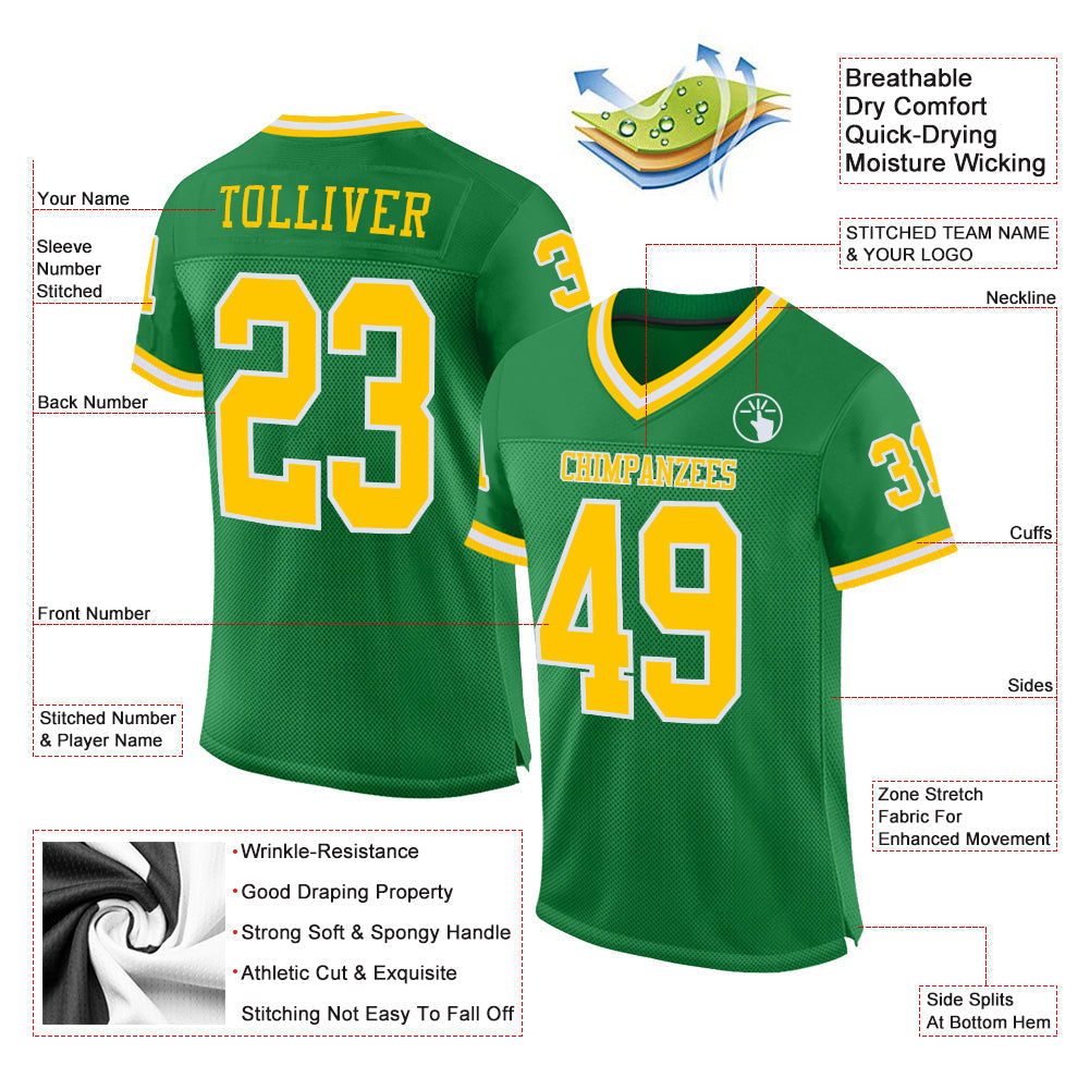 Custom Football Jersey - Grass Green Gold-White Mesh Throwback
