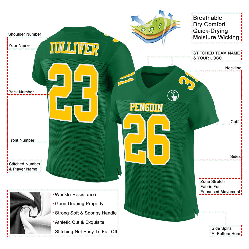 Custom Football Jersey - Kelly Green Gold-White Mesh