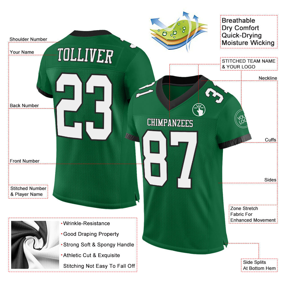 Custom Football Jersey - Kelly Green White-Black Mesh - Style KellyGreen0446