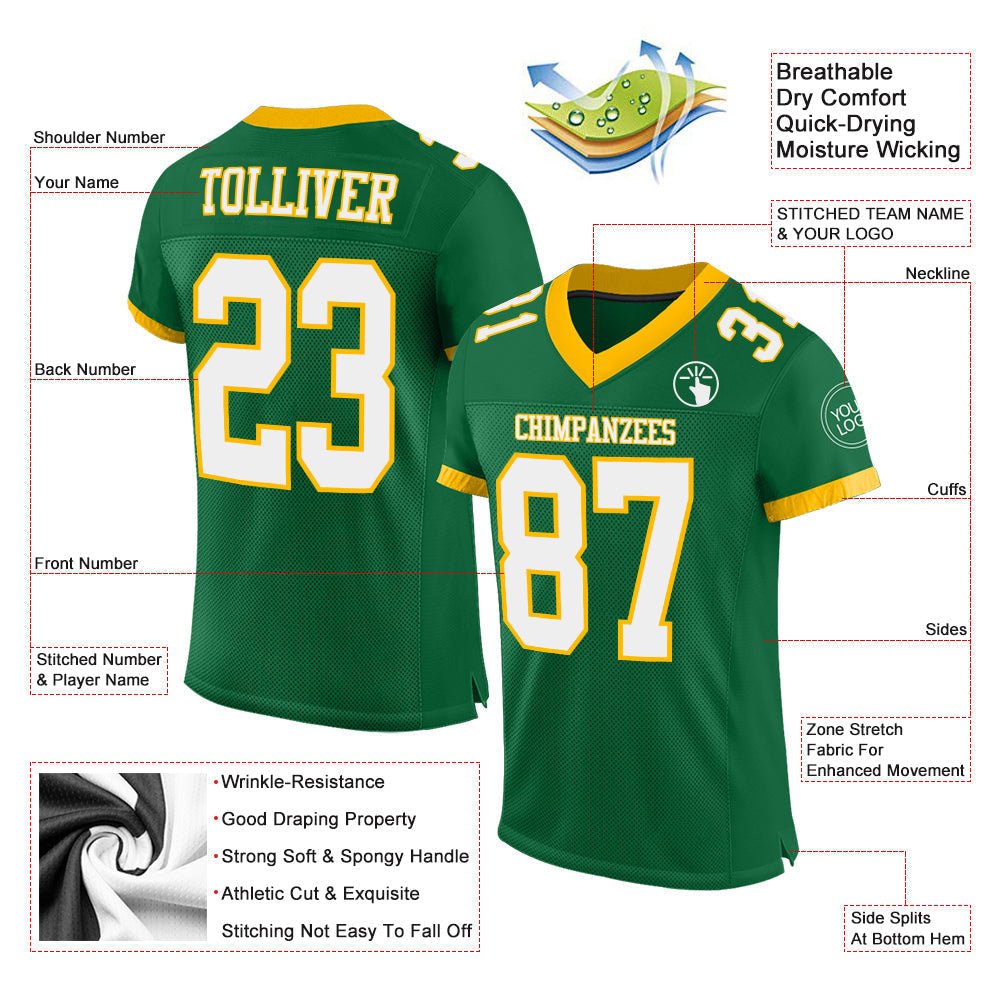 Custom Football Jersey - Kelly Green White-Gold Mesh