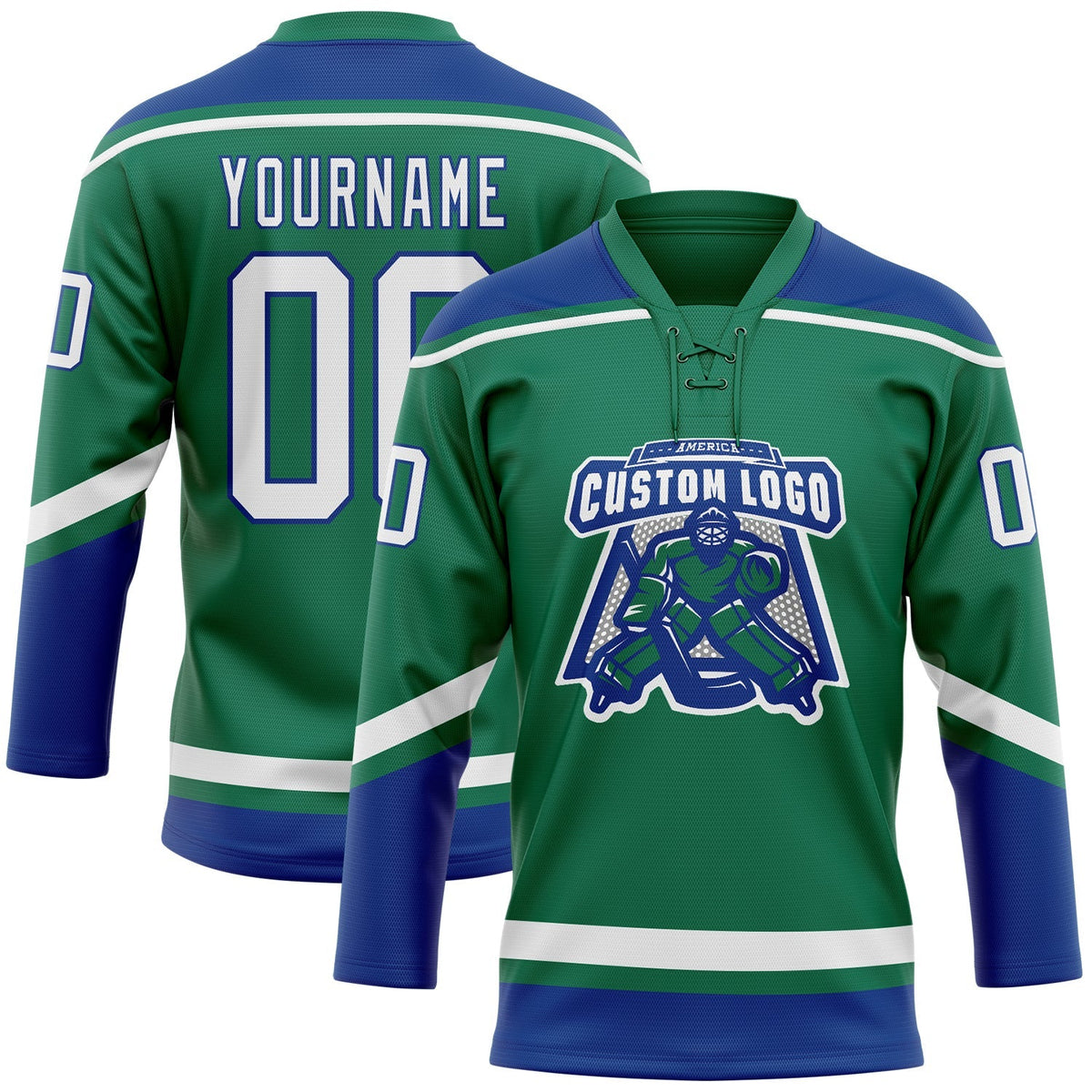 Custom Hockey Jersey - Kelly Green White-Royal Lace Neck