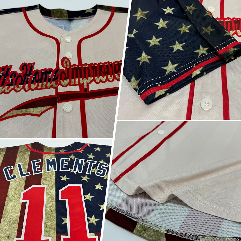 Custom Baseball Jersey - Cream Red-Navy 3D American Flag