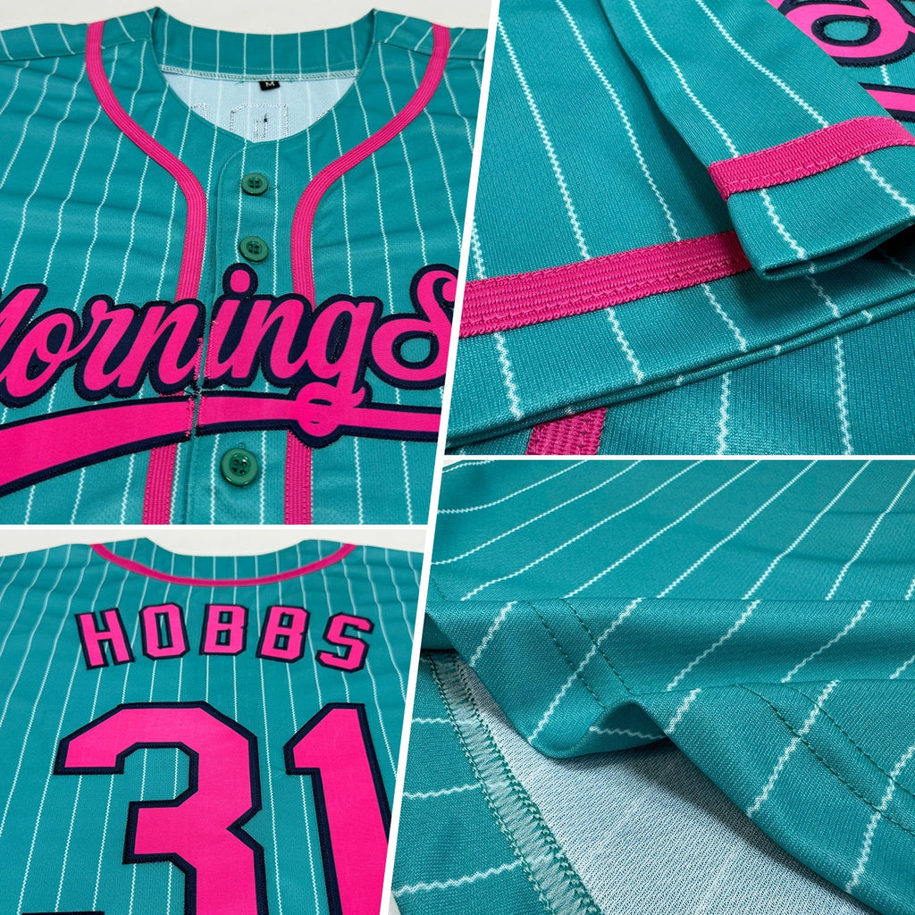 Custom Baseball Jersey - Aqua White Pinstripe Pink-Navy