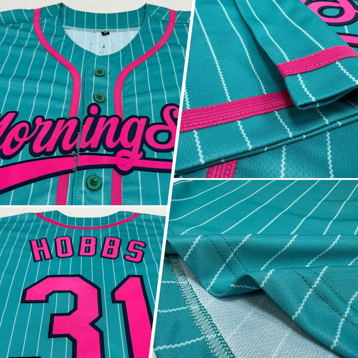 Custom Baseball Jersey - Aqua White Pinstripe Pink-Navy