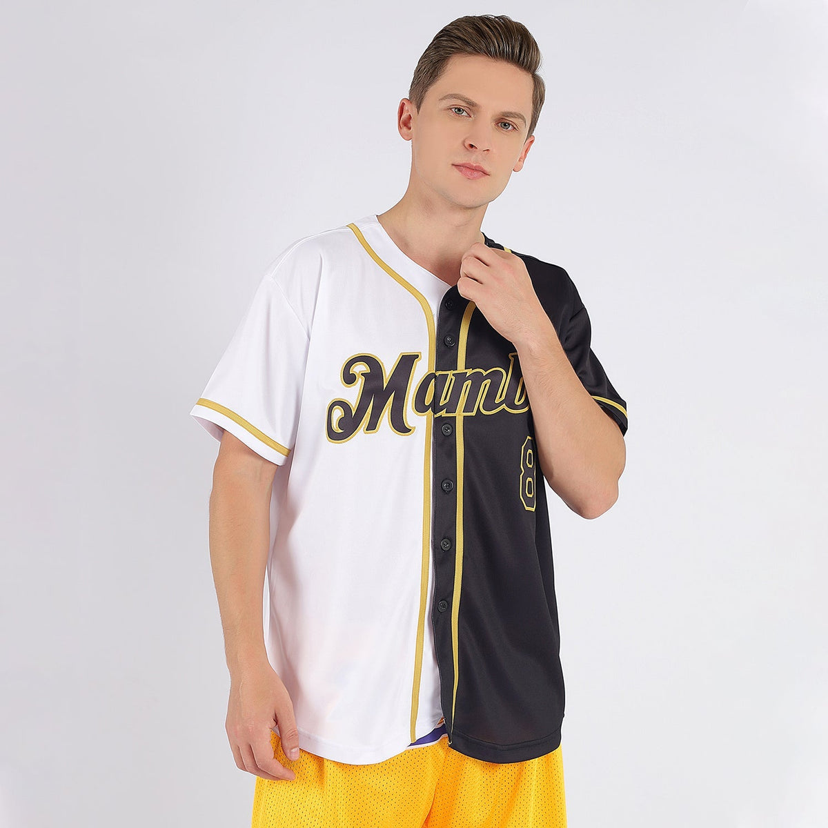 Custom Baseball Jersey - White-Black Old Gold Split Fashion