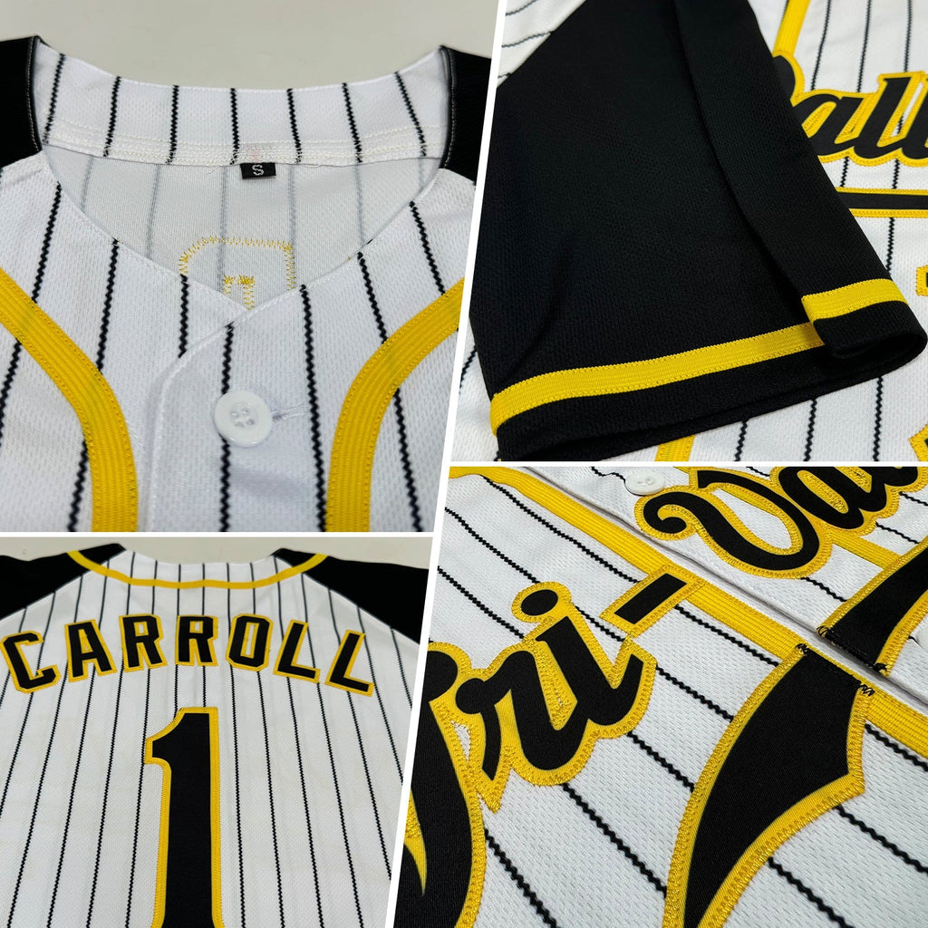 Custom Baseball Jersey - White Black Pinstripe Black-Gold Raglan Sleeves